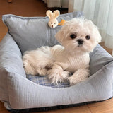 Rustic Corduroy Sofa Bed — Plush Dog Sofa with Toy & Supportive Bolsters