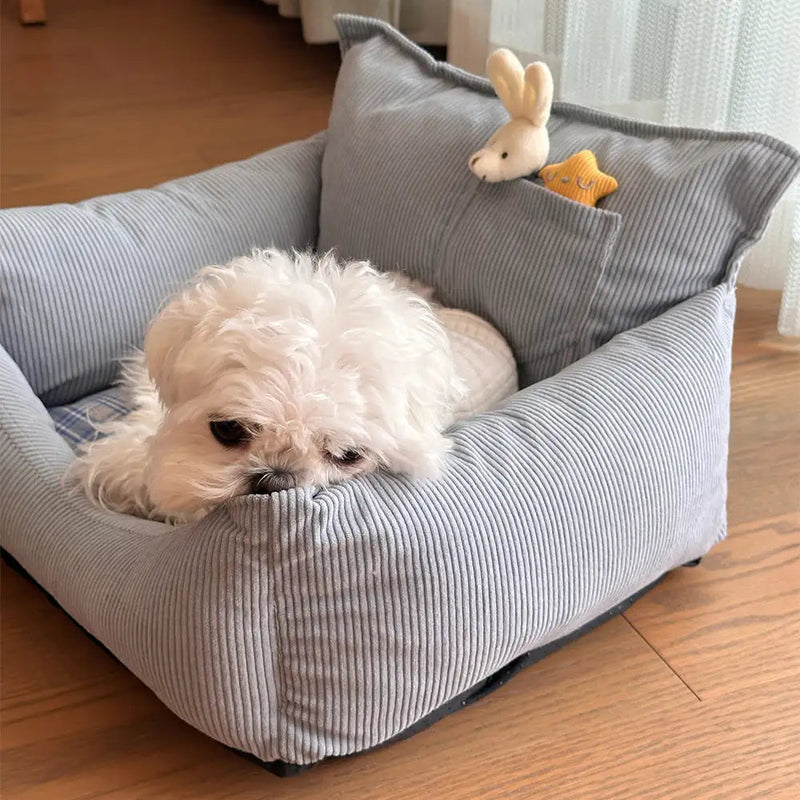 Rustic Plaid Patchwork Dog Sofa Bed – Corduroy Comfort + Toy Included