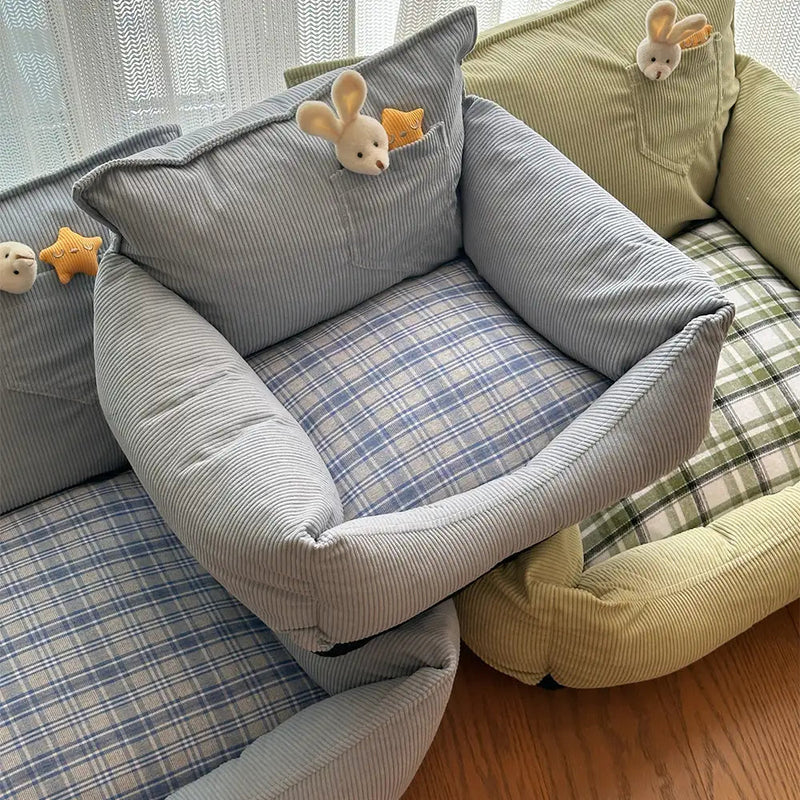 Rustic Plaid Patchwork Dog Sofa Bed – Corduroy Comfort + Toy Included