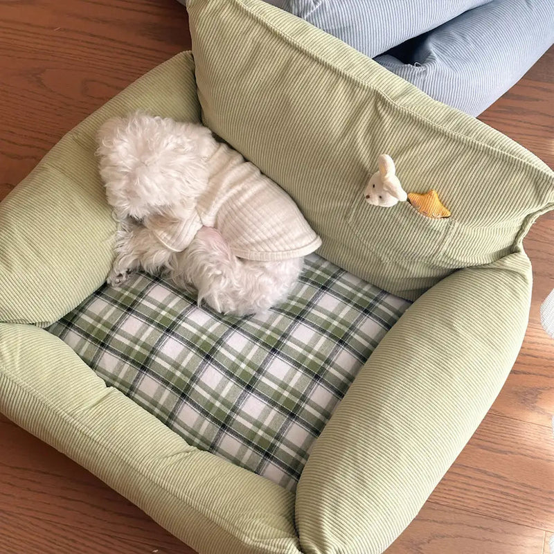 Rustic Plaid Patchwork Dog Sofa Bed – Corduroy Comfort + Toy Included