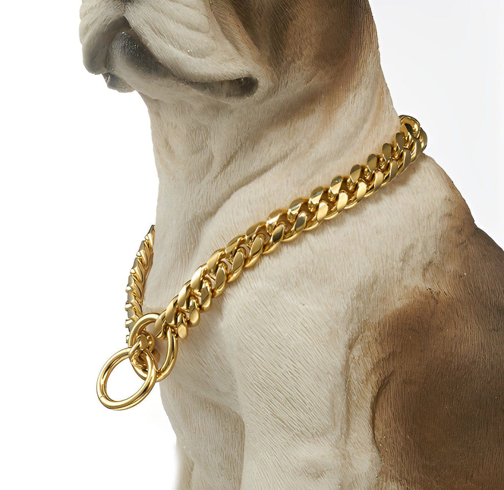 Adjustable gold chain collar for dogs showing link count and sizing