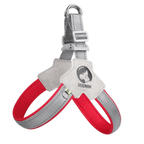 Back D-ring detail on reflective adjustable dog harness for leash attachment