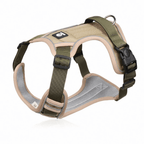 Dog harness back view showing strong nylon material and metal rings