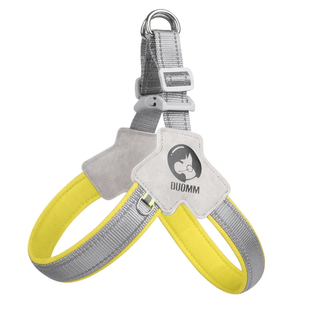 Reflective dog harness in multiple color options laid flat for size comparison
