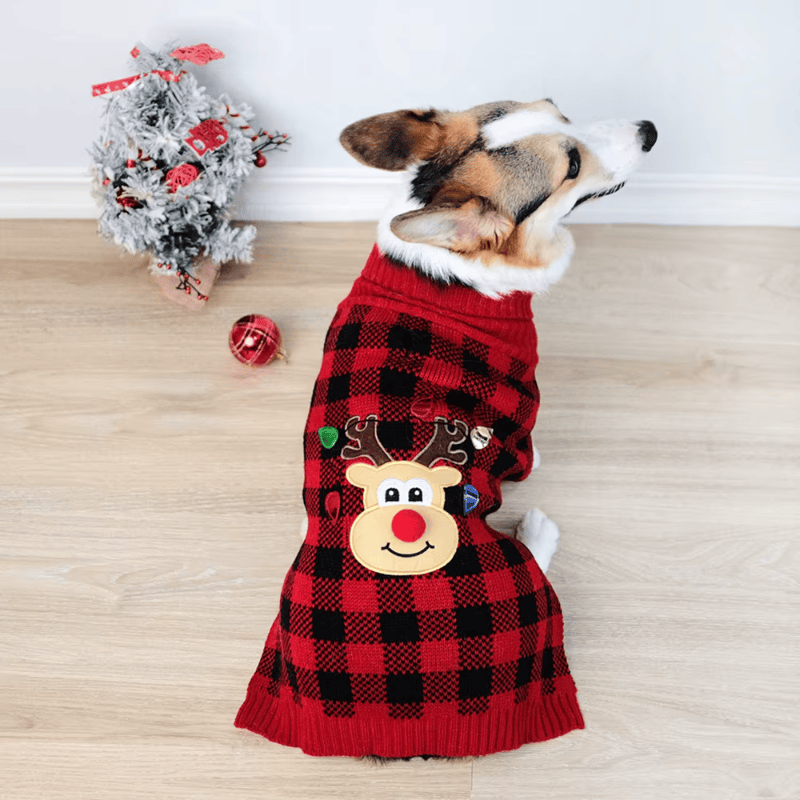 Christmas Reindeer Plaid Turtleneck Dog Sweater
