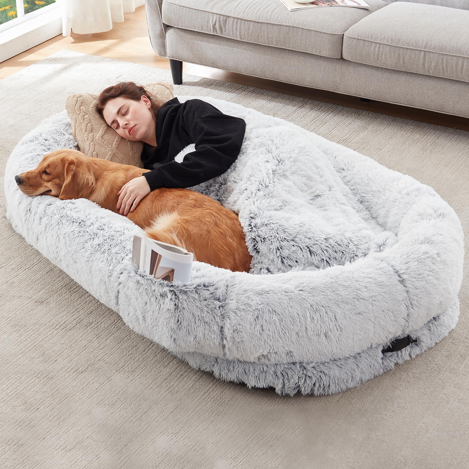 Human-Sized Dog Bed – Oversized Plush Bed with Donut Bolster for Dogs