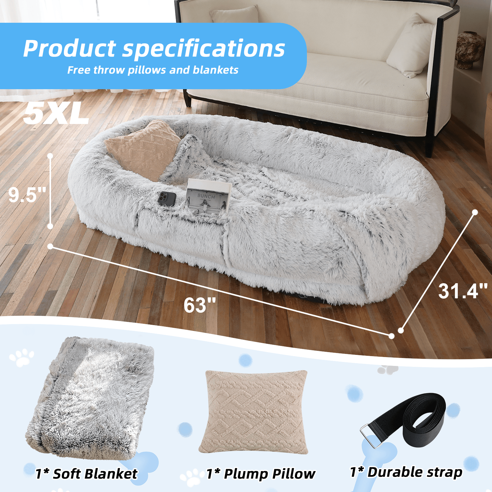 Human-Sized Dog Bed – Oversized Plush Bed with Donut Bolster for Dogs