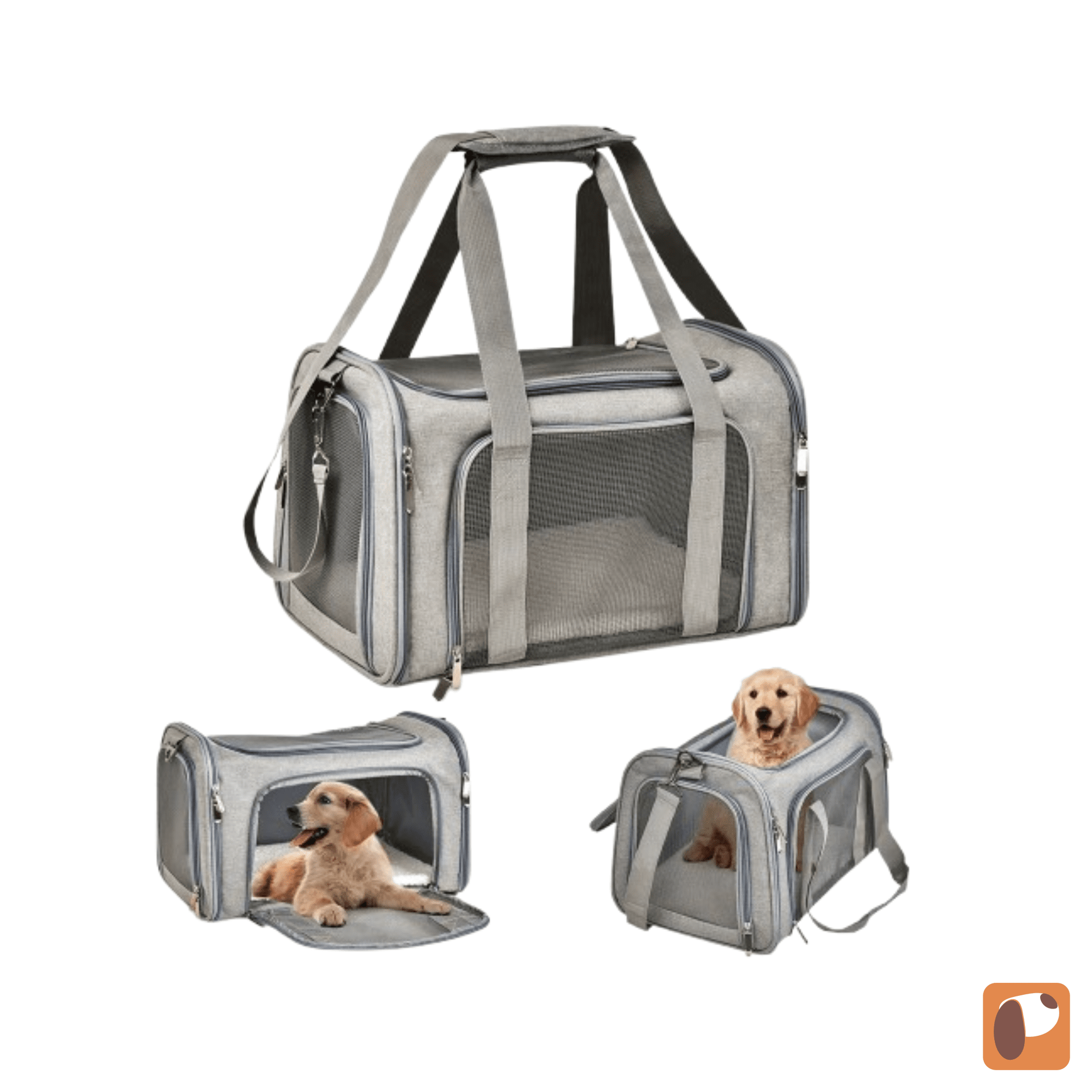 Small pet travel carrier in gray with mesh ventilation and carry handles