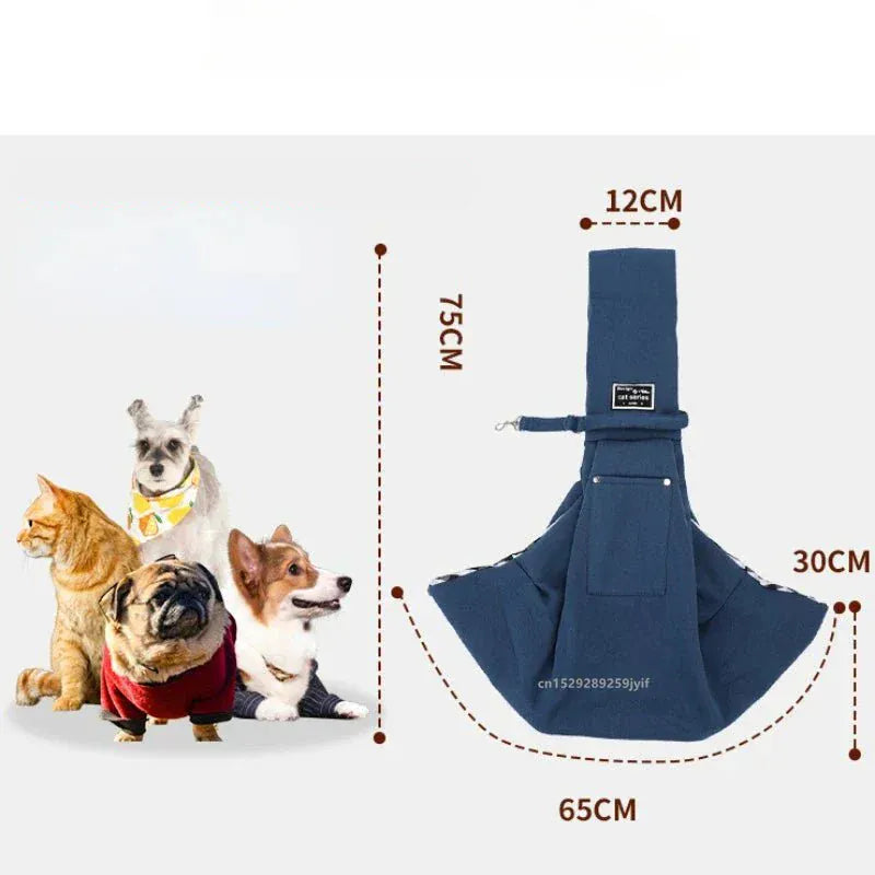 Blue sling carrier showing dimensions diagram with small dogs and cats