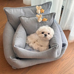 Rustic Corduroy Sofa Bed — Plush Dog Sofa with Toy & Supportive Bolsters