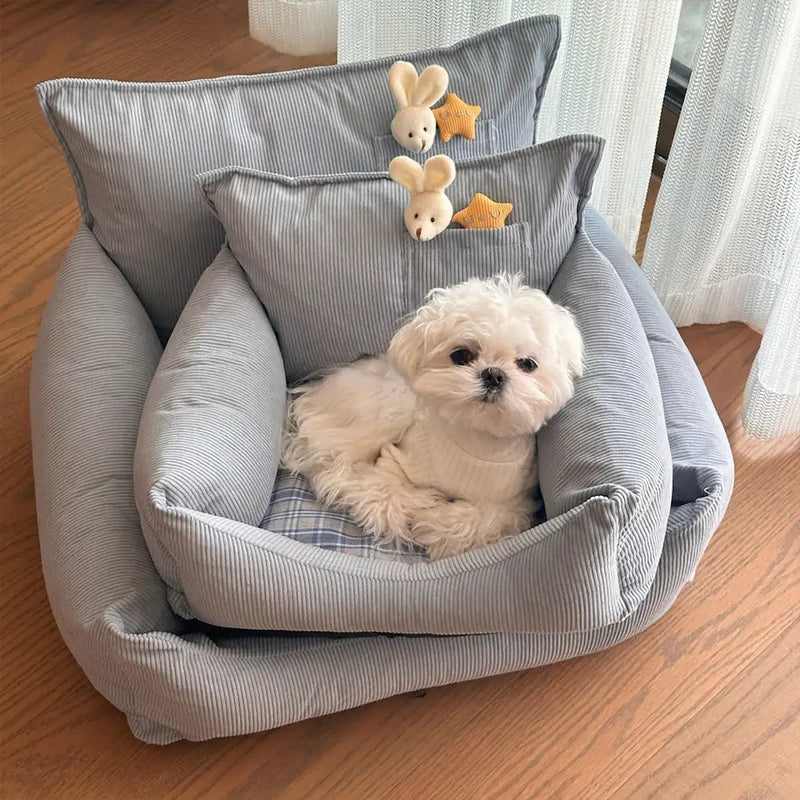Rustic Plaid Patchwork Dog Sofa Bed – Corduroy Comfort + Toy Included