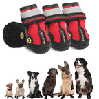 Dog wearing four waterproof paw boots on snowy outdoor path