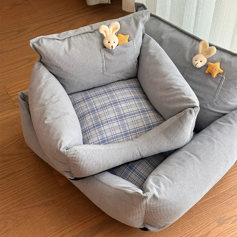 Rustic Plaid Patchwork Dog Sofa Bed – Corduroy Comfort + Toy Included