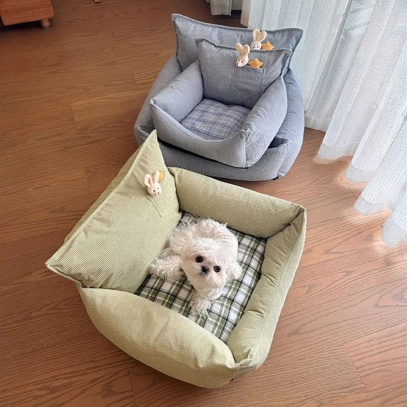 Rustic Plaid Patchwork Dog Sofa Bed – Corduroy Comfort + Toy Included