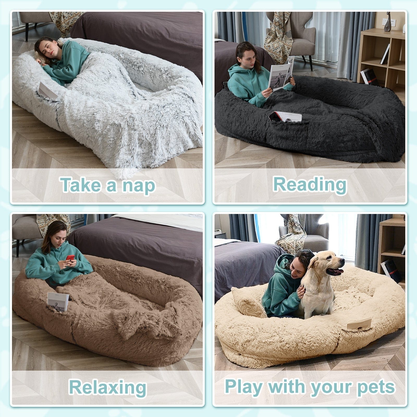 Human-Sized Dog Bed – Oversized Plush Bed with Donut Bolster for Dogs