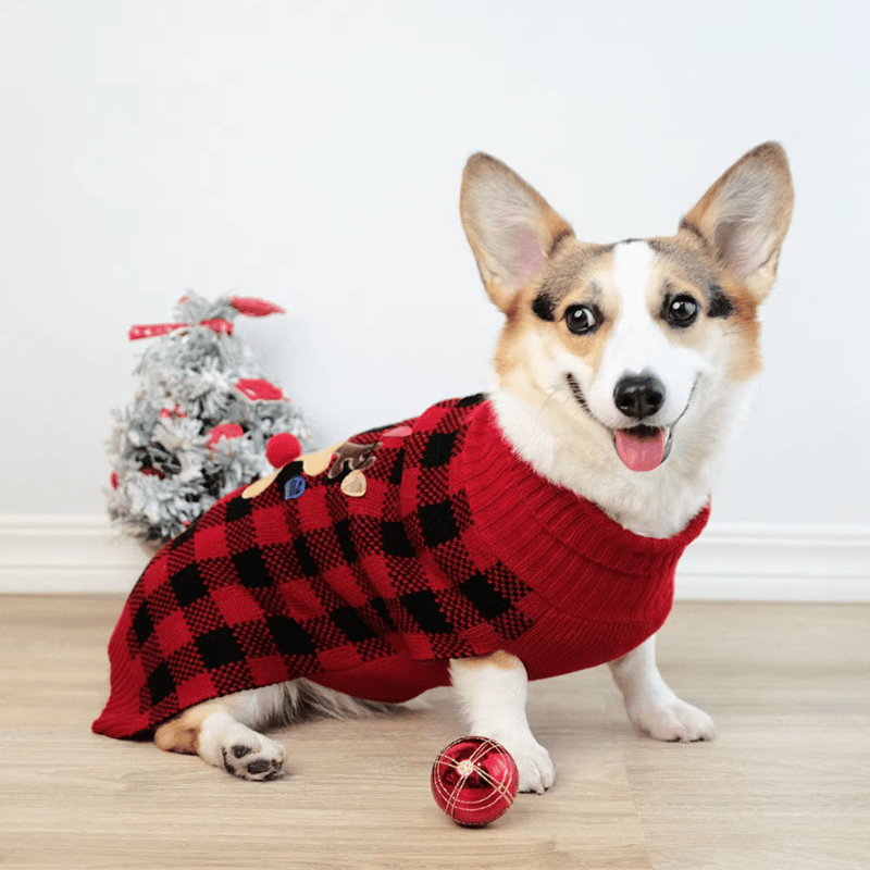 Christmas Reindeer Plaid Turtleneck Dog Sweater