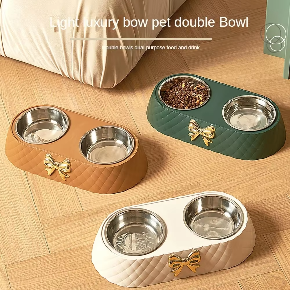 Double Pet Bowl with Quilted Finish and Gold Bow — Elegant Feeding Station