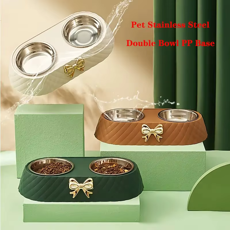 Double Pet Bowl with Quilted Finish and Gold Bow — Elegant Feeding Station