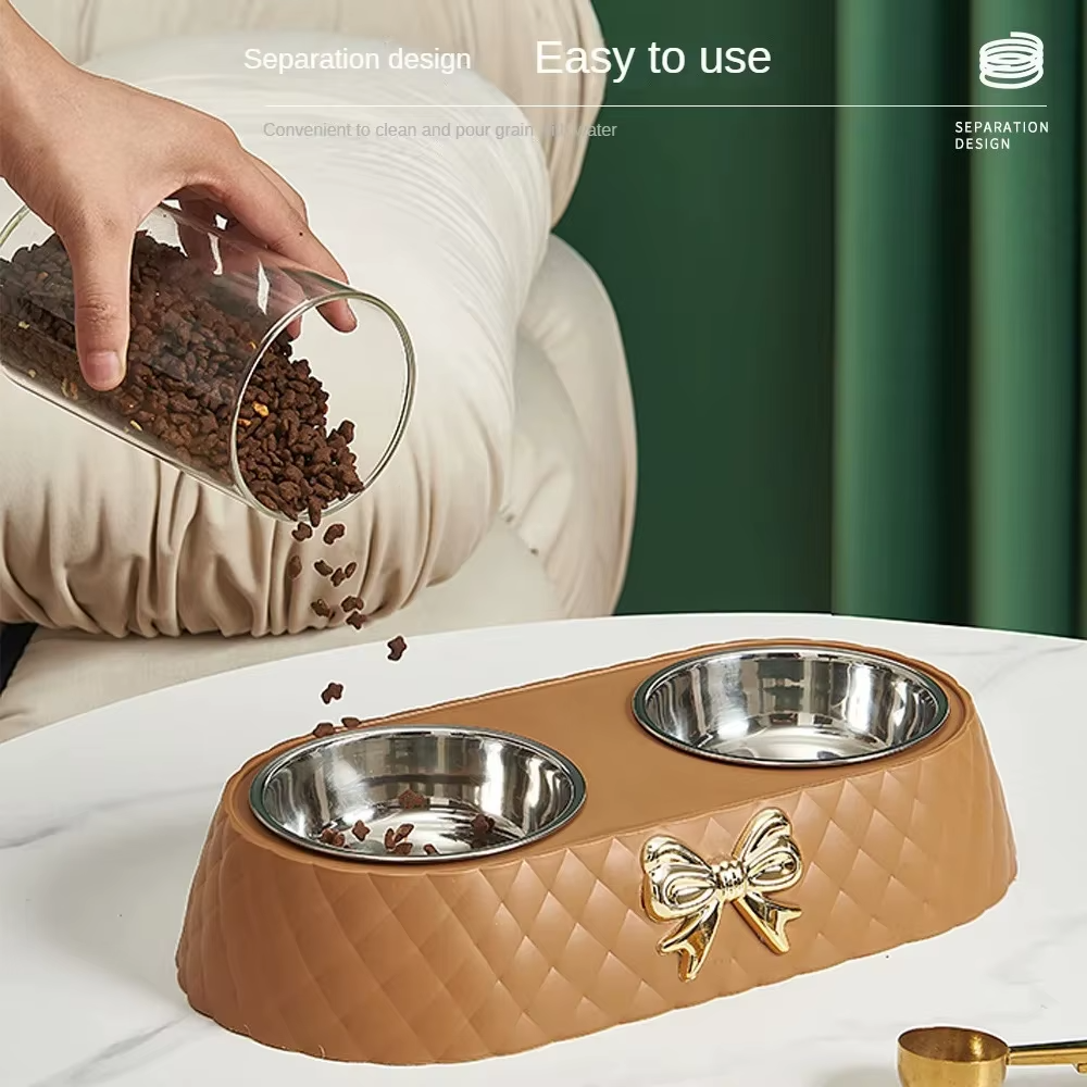 Double Pet Bowl with Quilted Finish and Gold Bow — Elegant Feeding Station