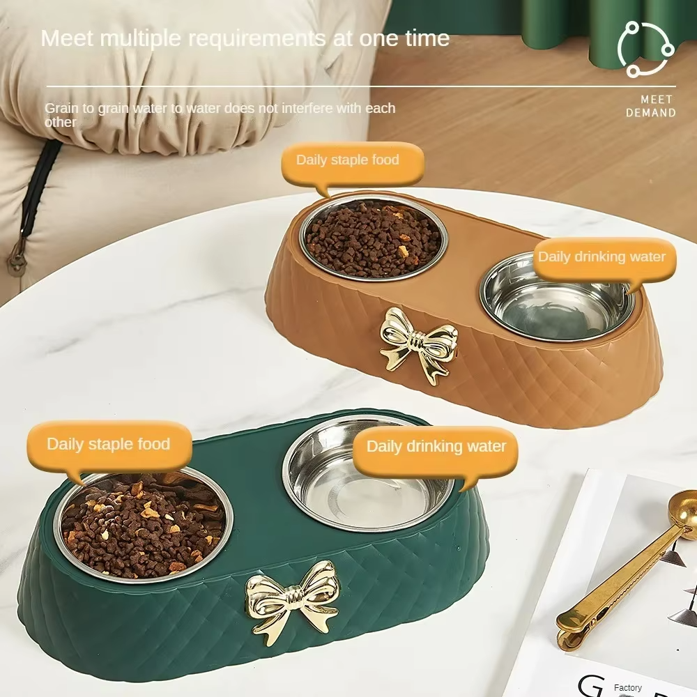 Double Pet Bowl with Quilted Finish and Gold Bow — Elegant Feeding Station