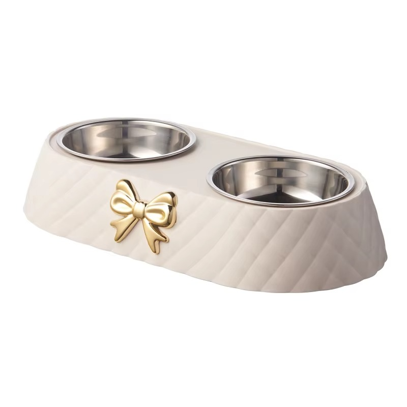 Double Pet Bowl with Quilted Finish and Gold Bow — Elegant Feeding Station