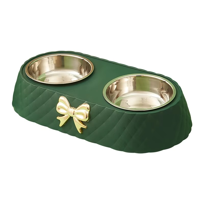 Double Pet Bowl with Quilted Finish and Gold Bow — Elegant Feeding Station