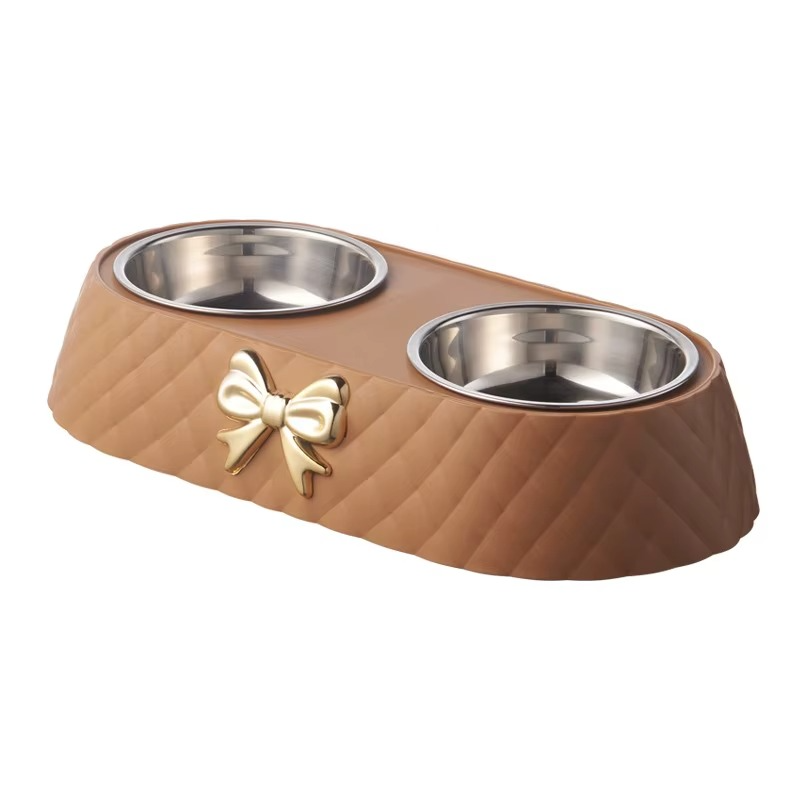 Double Pet Bowl with Quilted Finish and Gold Bow — Elegant Feeding Station