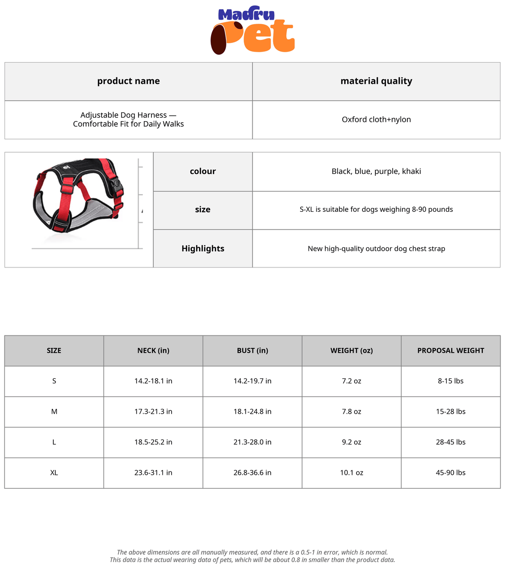 Collage showing all four color options of the adjustable dog harness