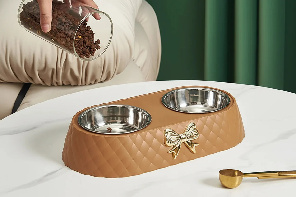 Double Pet Bowl with Quilted Finish and Gold Bow — Elegant Feeding Station