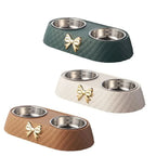 Double Pet Bowl with Quilted Finish and Gold Bow — Elegant Feeding Station
