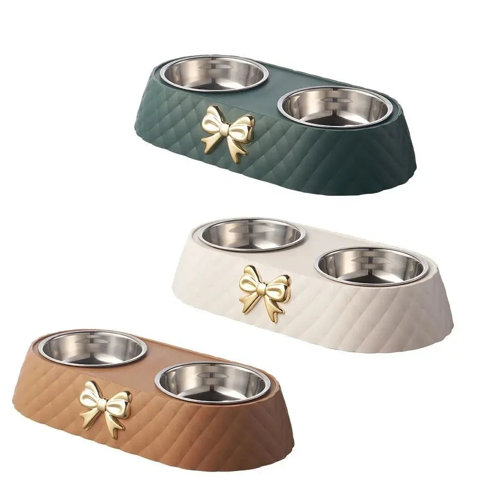 Double Pet Bowl with Quilted Finish and Gold Bow — Elegant Feeding Station