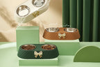 Double Pet Bowl with Quilted Finish and Gold Bow — Elegant Feeding Station