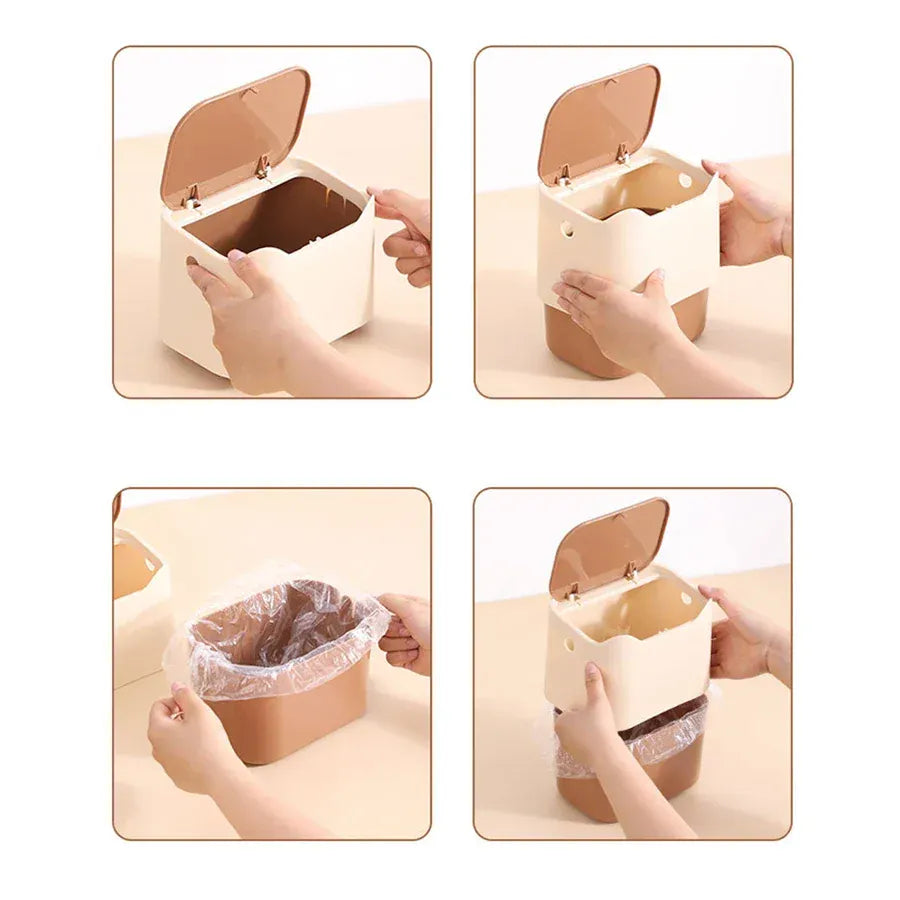 Four-step guide showing how to open, line, fill, and close the cat litter waste bin