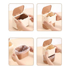 Four-step guide showing how to open, line, fill, and close the cat litter waste bin