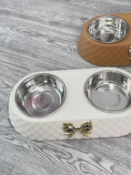 Double Pet Bowl with Quilted Finish and Gold Bow — Elegant Feeding Station