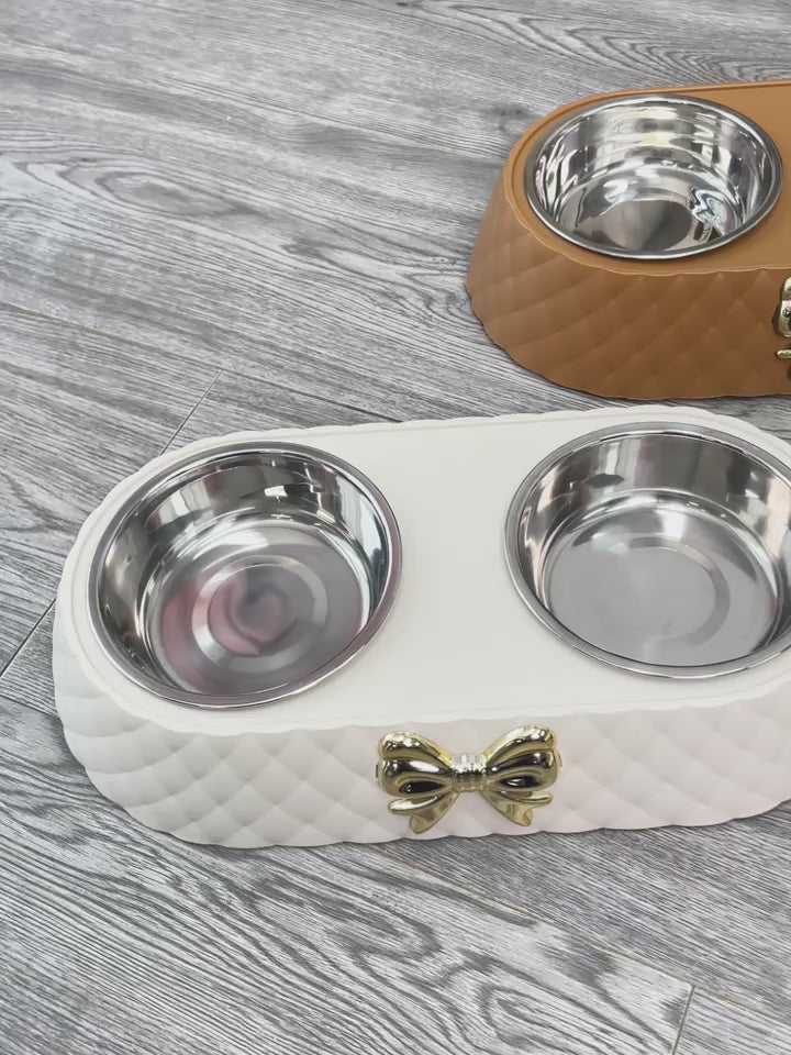 Double Pet Bowl with Quilted Finish and Gold Bow — Elegant Feeding Station